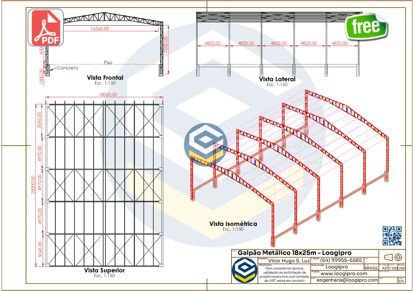 Projeto em PDF grátis de Galpão Metálico 18x25m com tesoura reduzida, vistas frontal, lateral e superior detalhadas para fabricação. Galpão Metálico 18x25m - PDF - Tesoura Reduzida