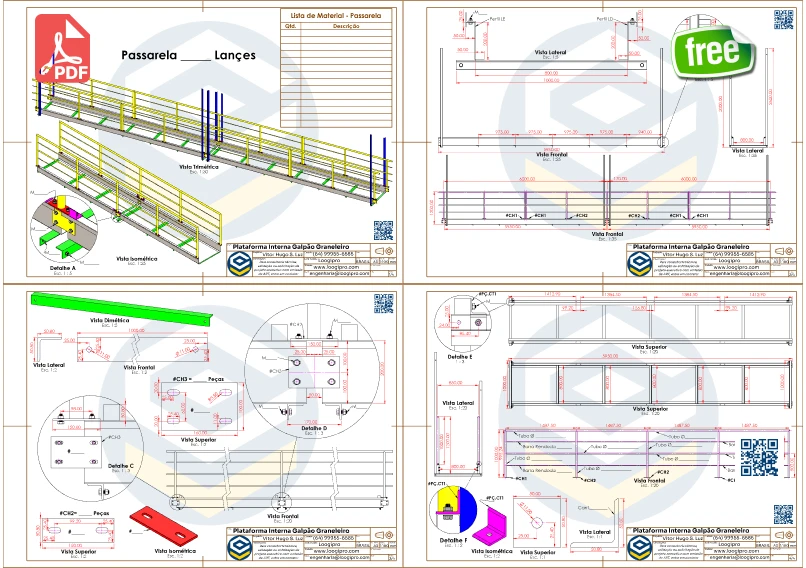 Plataforma Central de Galpão Graneleiro - PDF com vistas isométrica, frontal, lateral e superior, incluindo detalhes de suporte e fixação.