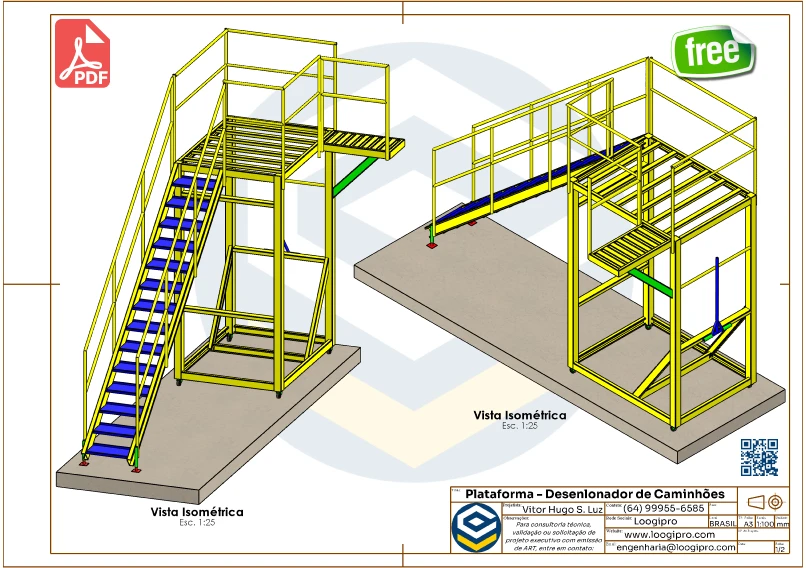 Plataforma Móvel - Desenlonador de Caminhões - PDF com vista isométrica detalhada da estrutura metálica.