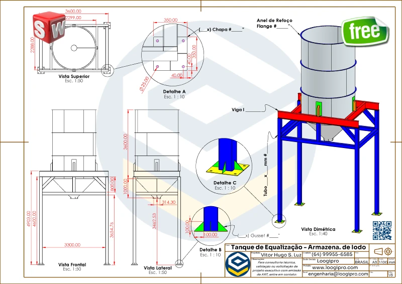 Tanque de equalização para armazenamento e carregamento de iodo, vistas frontal, lateral, superior e isométrica com estrutura metálica de sustentação.