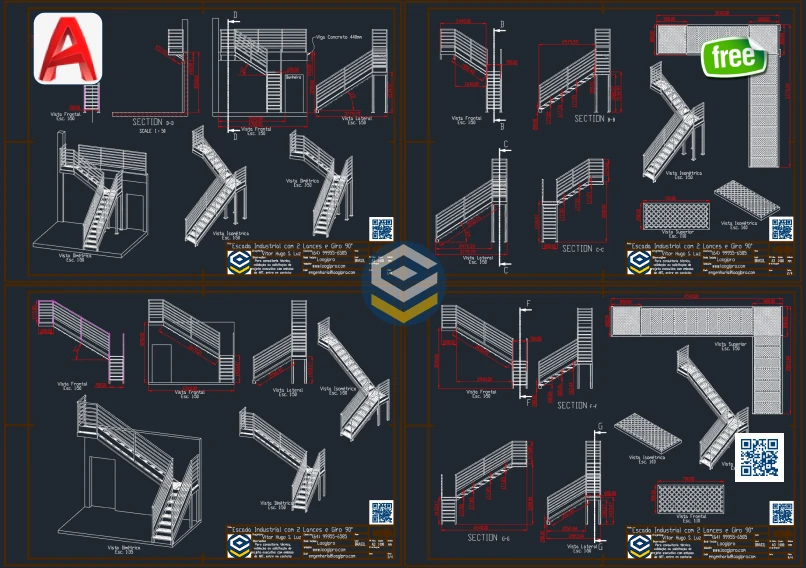 Escada com 2 lances - giro de 90 graus - projeto em DWG com prancha técnica detalhada e estrutura metálica desenvolvida pela Loogipro.