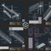 Escada industrial com 3 lances - giro de 180 graus - projeto em DWG com prancha técnica detalhada e estrutura metálica completa Loogipro.