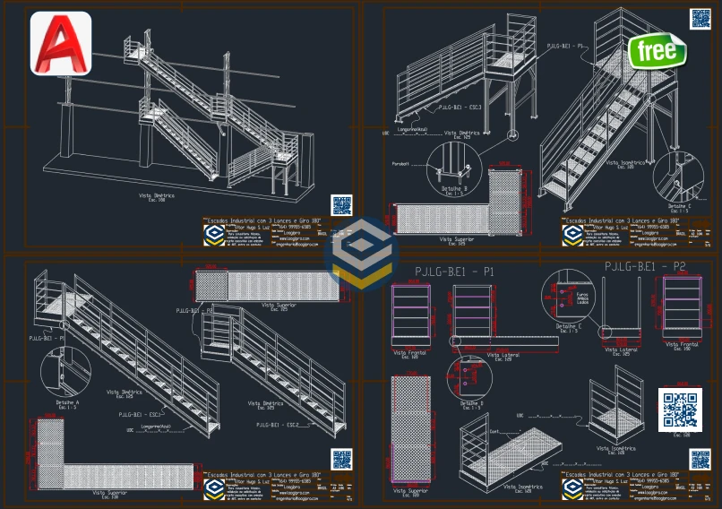 Escada industrial com 3 lances - giro de 180 graus - projeto em DWG com prancha técnica detalhada e estrutura metálica completa Loogipro.
