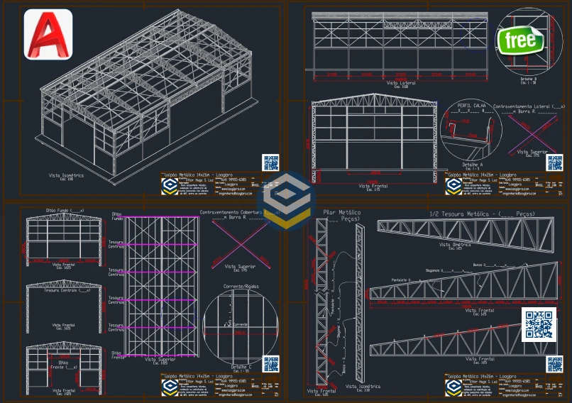 Galpao Metalico 14x26m - Abertura Lateral Mista - Projeto em DWG - Loogipro - prancha tecnica com detalhes gerais para fabricacao, calhas, contraventamento e tesouras metalicas. Galpão Metálico 14x26m - Abertura Lateral Mista - Projeto em DWG