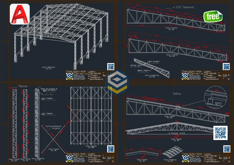 Galpao Metalico 18x25m - Tesoura Reduzida - Projeto em DWG - Loogipro - prancha tecnica com detalhes gerais para fabricacao e vistas estruturais completas. Galpão Metálico 18x25m - Tesoura Reduzida - Projeto em DWG