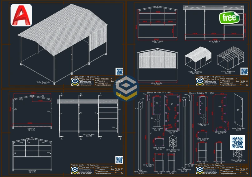 Galpao Metalico Acoplado 10x15m - Projeto em DWG - Loogipro - detalhamento tecnico para fabricacao com vistas frontal, lateral e cortes construtivos.
