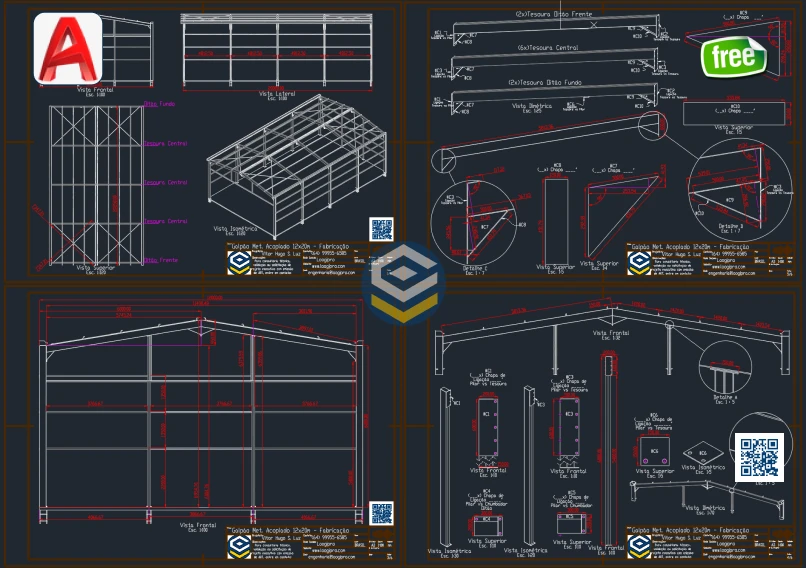 Galpao Metalico Acoplado 12x20m - Modelo Referencia DWG - Loogipro - prancha tecnica com detalhes gerais de fabricacao, pilares e tesouras em perfil u acoplado. Galpão Metálico Acoplado 12x20m - Modelo Referência DWG
