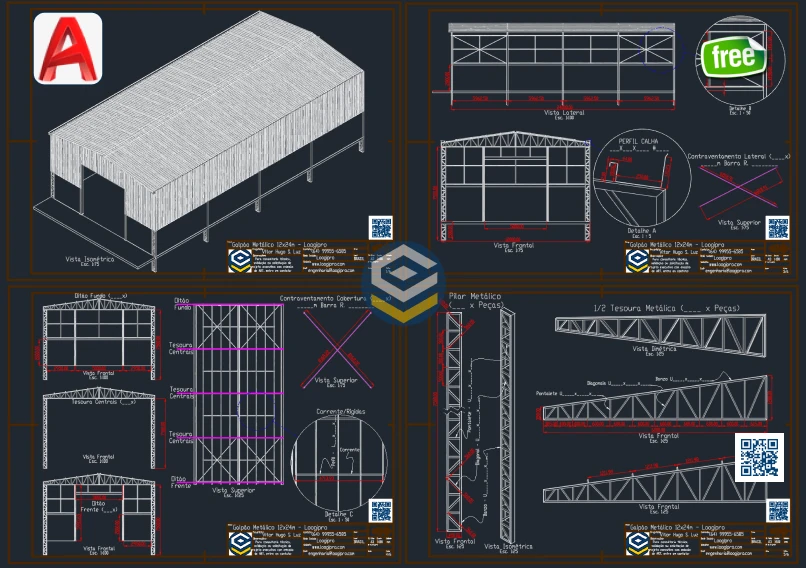 Galpao Metalico Acoplado 12x24m - Projeto em DWG - Loogipro - prancha tecnica com detalhes de fabricacao, vistas gerais, contraventamentos, calhas e pilares estruturais. Galpão Metálico Acoplado 12x24m - Projeto em DWG