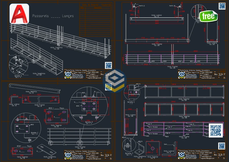 Passarela interna de galpão graneleiro - projeto em DWG - estrutura metálica detalhada com vistas isométricas e corrimão técnico Loogipro.