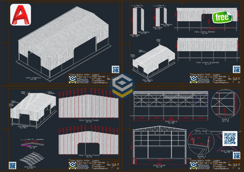 Galpao Metalico 14x26m - Abertura Lateral Mista - Projeto em DWG - Loogipro - prancha tecnica com detalhamento de telhas e telha cumeeira da cobertura.