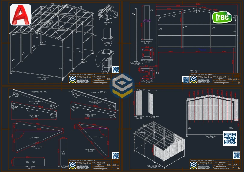 Galpao Metalico Acoplado 10x15m - Projeto em DWG - Loogipro - detalhamento de ligacoes estruturais e tesoura metalica com perfil acoplado.