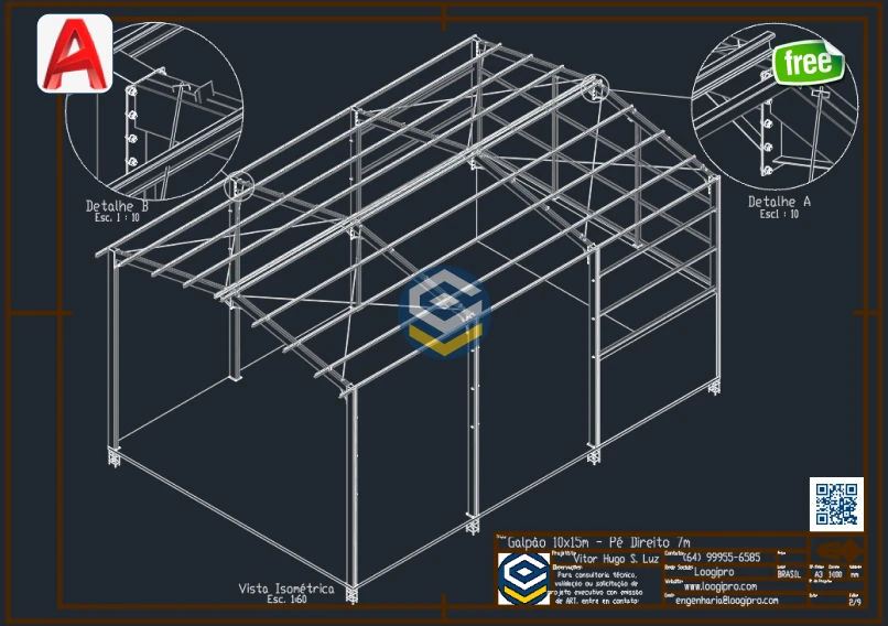 Galpao Metalico Acoplado 10x15m - Projeto em DWG - Loogipro - vista isometrica com detalhamento de ligacao entre tesouras metalicas e pilares.