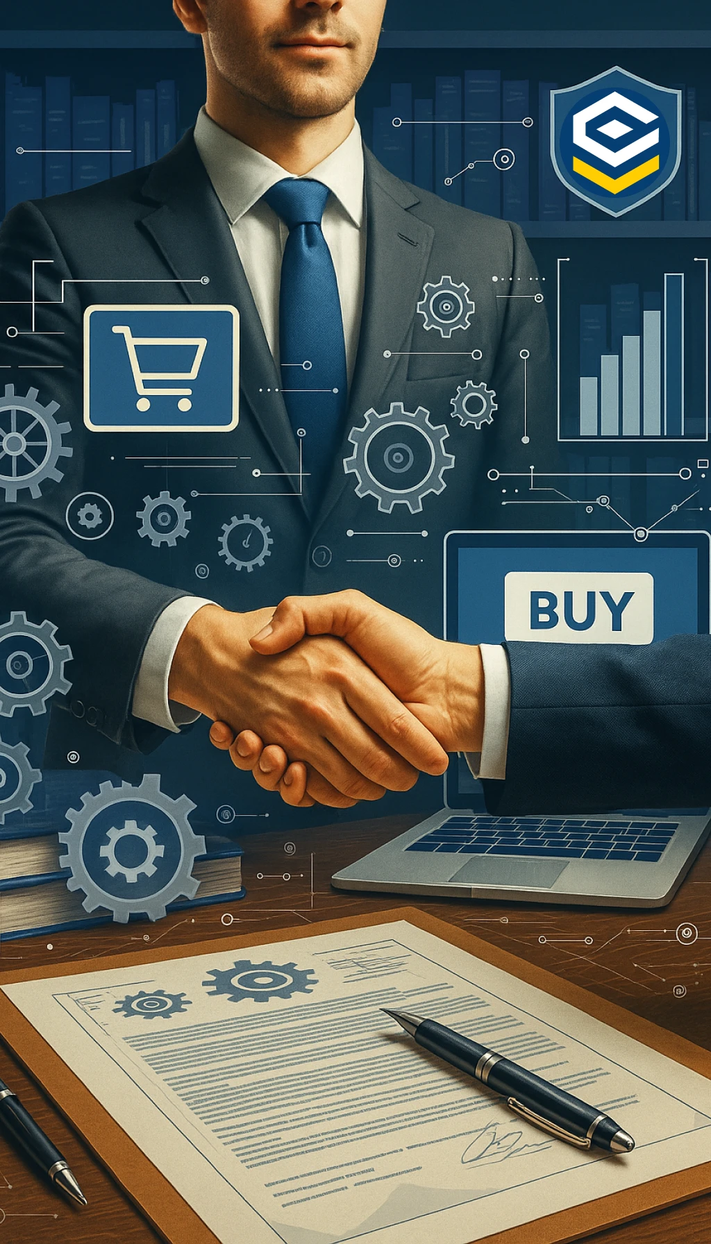 Engenheiro em terno cumprimentando cliente diante de contrato digital e elementos técnicos, representando a Política de Devolução e Reembolso da Loogipro.