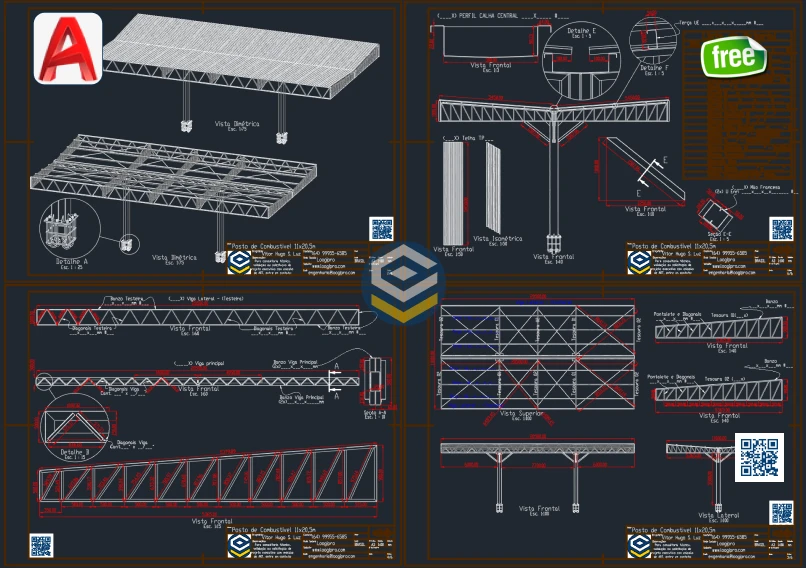 Desenho Técnico de Posto de Combustível 11x20m – Estrutura Metálica – Download Grátis em DWG com prancha técnica completa, cortes e vistas da estrutura metálica.