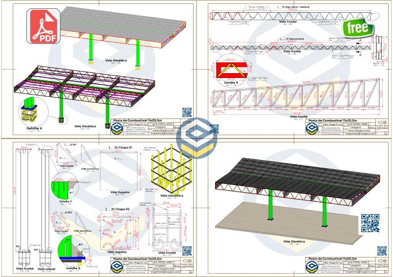 Desenho Técnico Posto de Combustível 11x20m em PDF, apresentando cortes técnicos e vistas frontais da estrutura metálica com 2 pilares centrais.