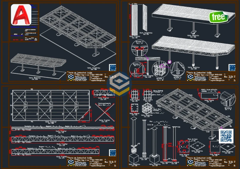 Projeto DWG Posto de Combustível 11x28m - 3 Pilares - Estrutura Metálica - Grátis para AutoCAD, com prancha técnica completa e vistas estruturais detalhadas.