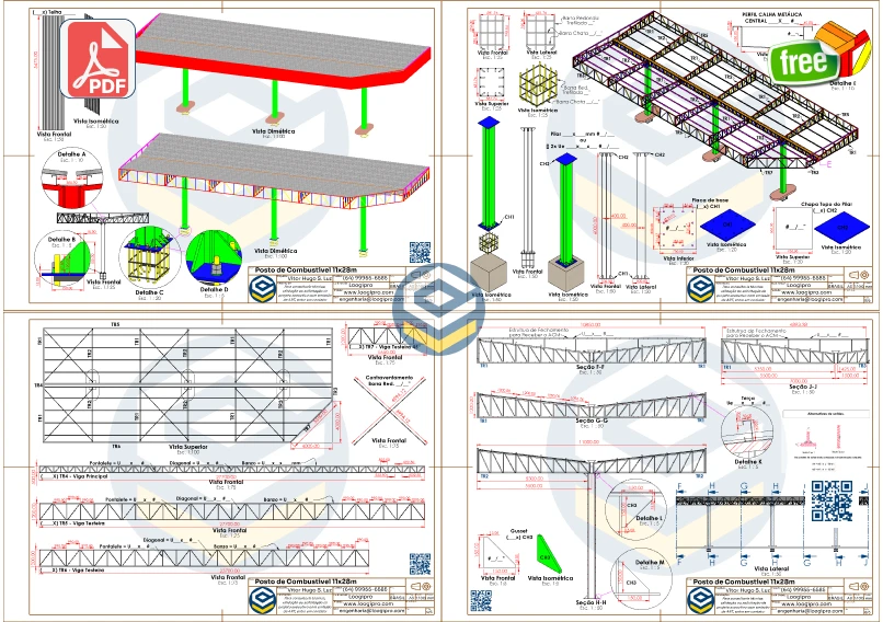 Projeto PDF Posto de Combustível 11x28m em estrutura metálica com 3 pilares, apresentando vista explodida e esquema completo da cobertura.