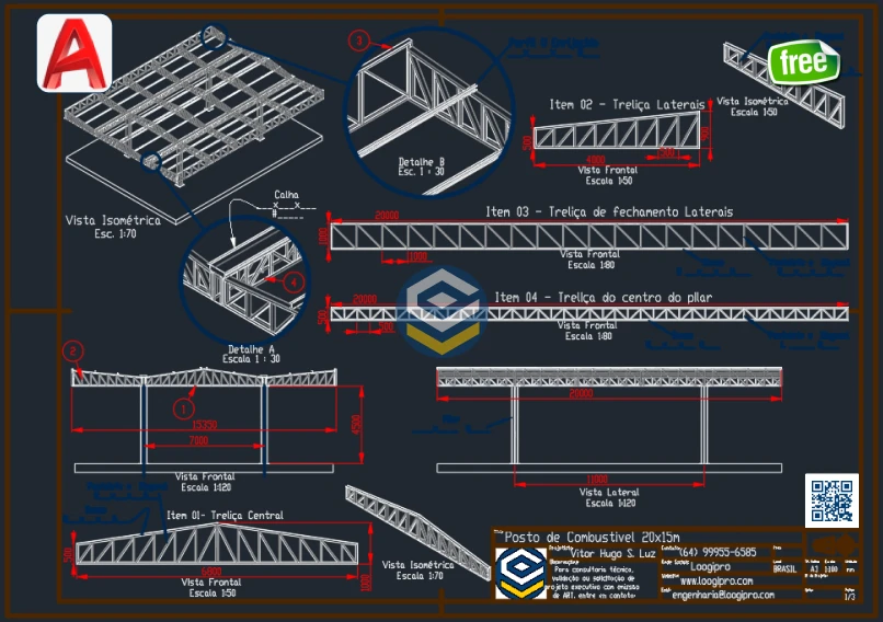 Projeto Posto de Combustível 15x20m - Estrutura Metálica - Planta AutoCAD com detalhamento técnico das treliças e conexões estruturais.