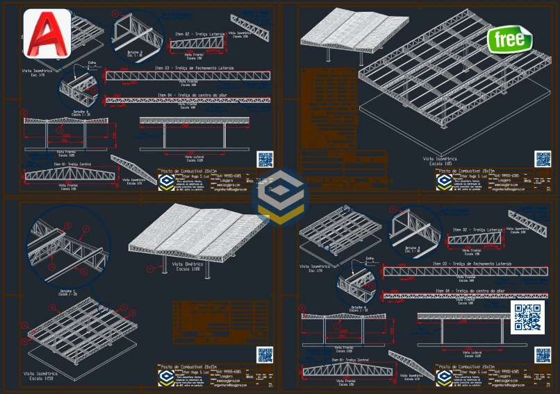 Projeto Posto de Combustível 15x20m - Estrutura Metálica - Planta AutoCAD com vistas completas e detalhamento técnico em DWG.