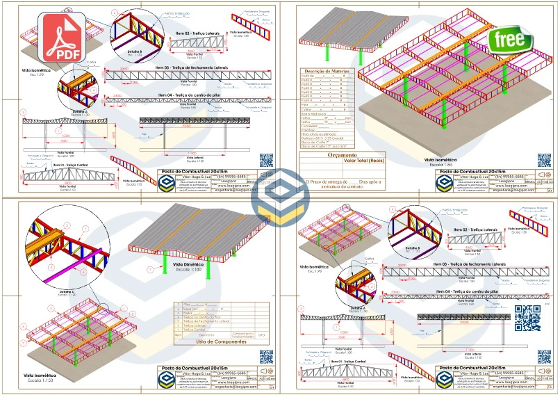 Projeto Arquitetônico Posto de Combustível 15x20m em PDF, apresentando vistas técnicas, componentes estruturais e detalhamento metálico de 4 pilares.