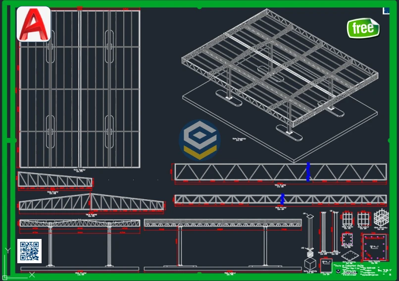 Projeto Arquitetônico e Estrutural 18x24m – Posto Metálico – DWG Grátis para AutoCAD com planta superior e vista estrutural completa da cobertura metálica.