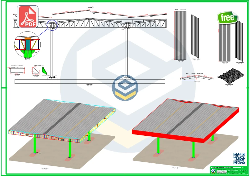Projeto PDF Posto de Combustível 18x24m com cobertura metálica completa e detalhamento técnico dos componentes estruturais, desenvolvido pela Loogipro.