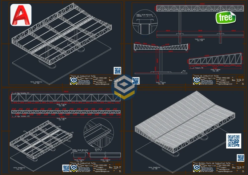 Projeto DWG Posto de Combustível 9x15m - Cobertura Metálica detalhada em prancha técnica desenvolvida pela Loogipro, referência em engenharia e estruturas metálicas.