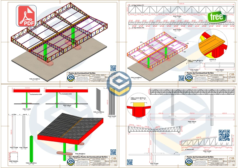 Projeto Estrutural Posto de Combustível 9x15m em PDF com estrutura metálica de 2 pilares e detalhamento técnico dos componentes principais desenvolvido pela Loogipro.