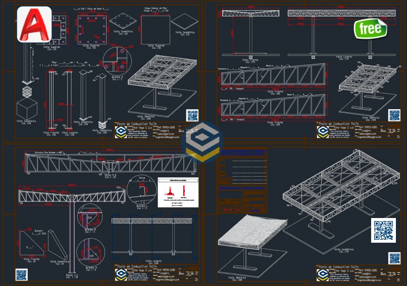 Projeto DWG Grátis de Estrutura Metálica para Posto 9x17m com prancha técnica completa, apresentando o detalhamento estrutural desenvolvido pela Loogipro.