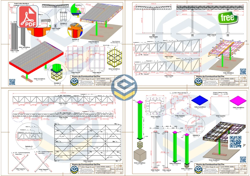 Projeto Estrutural Posto Metálico 9x17m em PDF, apresentando vistas gerais, seções e componentes metálicos de cobertura com 2 pilares.