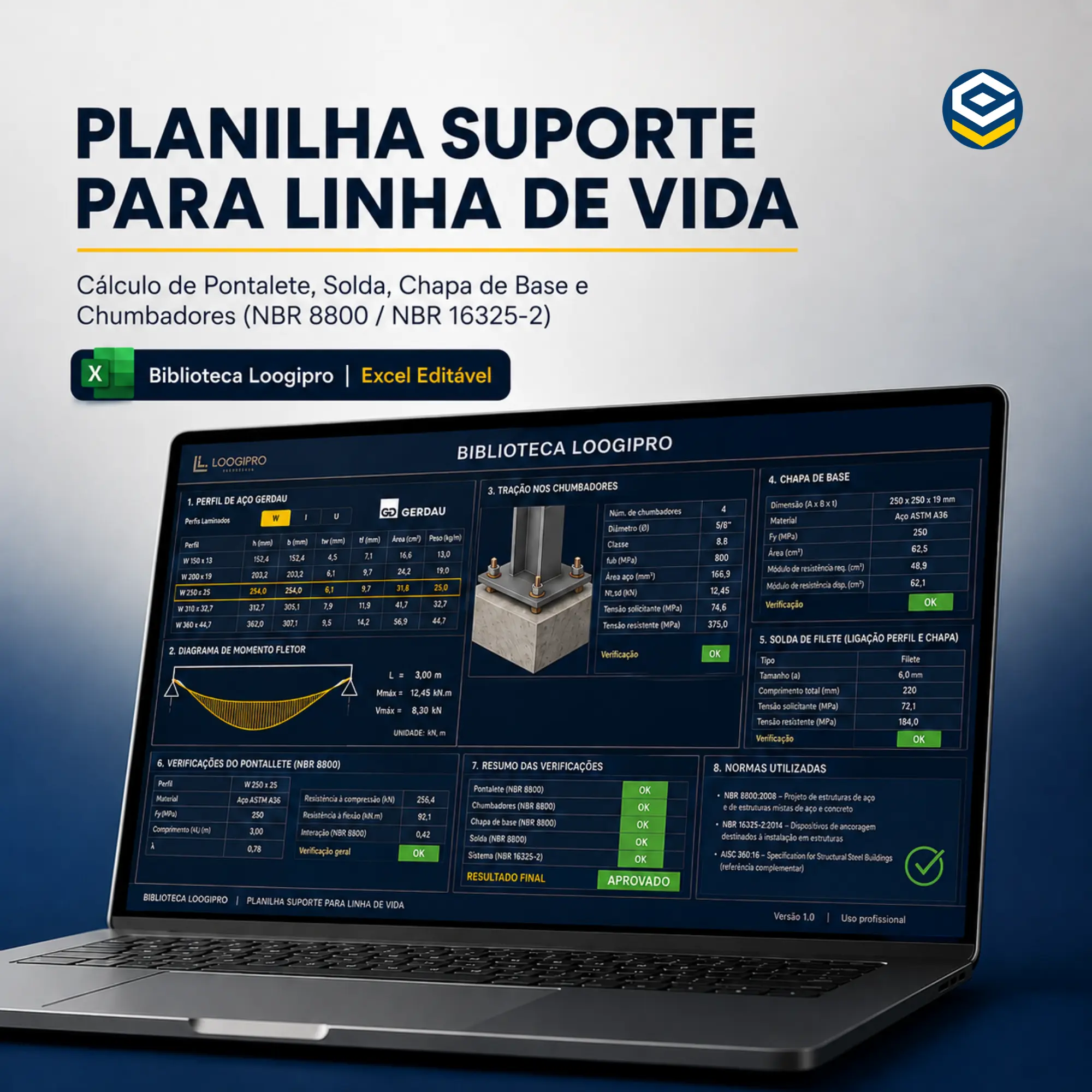 Planilha dimensionamento de suporte para linha de vida poste pontalete horizontal lifeline anchor post design Loogipro