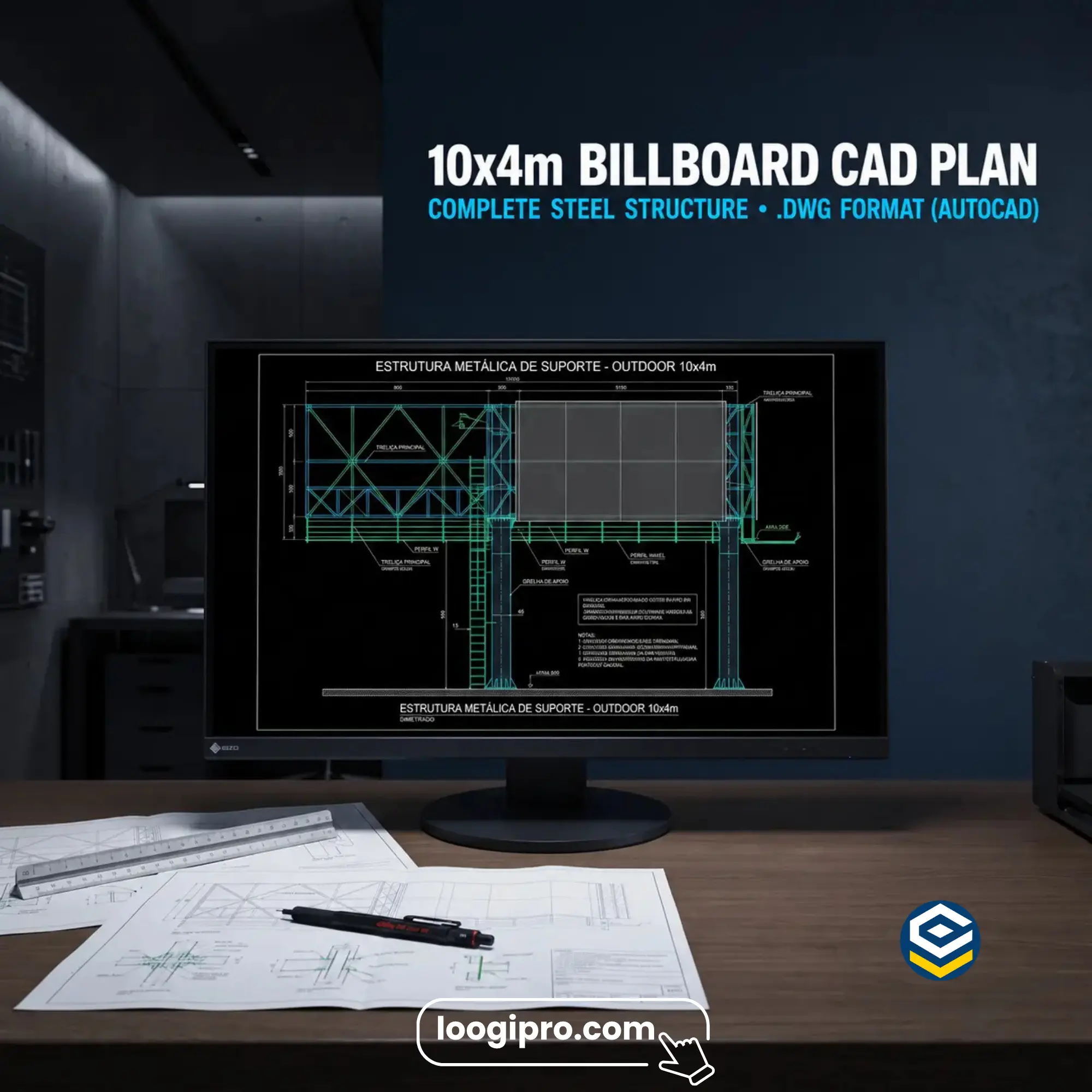 10x4m Billboard Steel Structure CAD Plan DWG AutoCAD LOOGIPRO - Projeto de Painel Outdoor 10x4m em DWG – Estrutura Metálica Completa (10x4m Billboard Steel Structure CAD Plan)