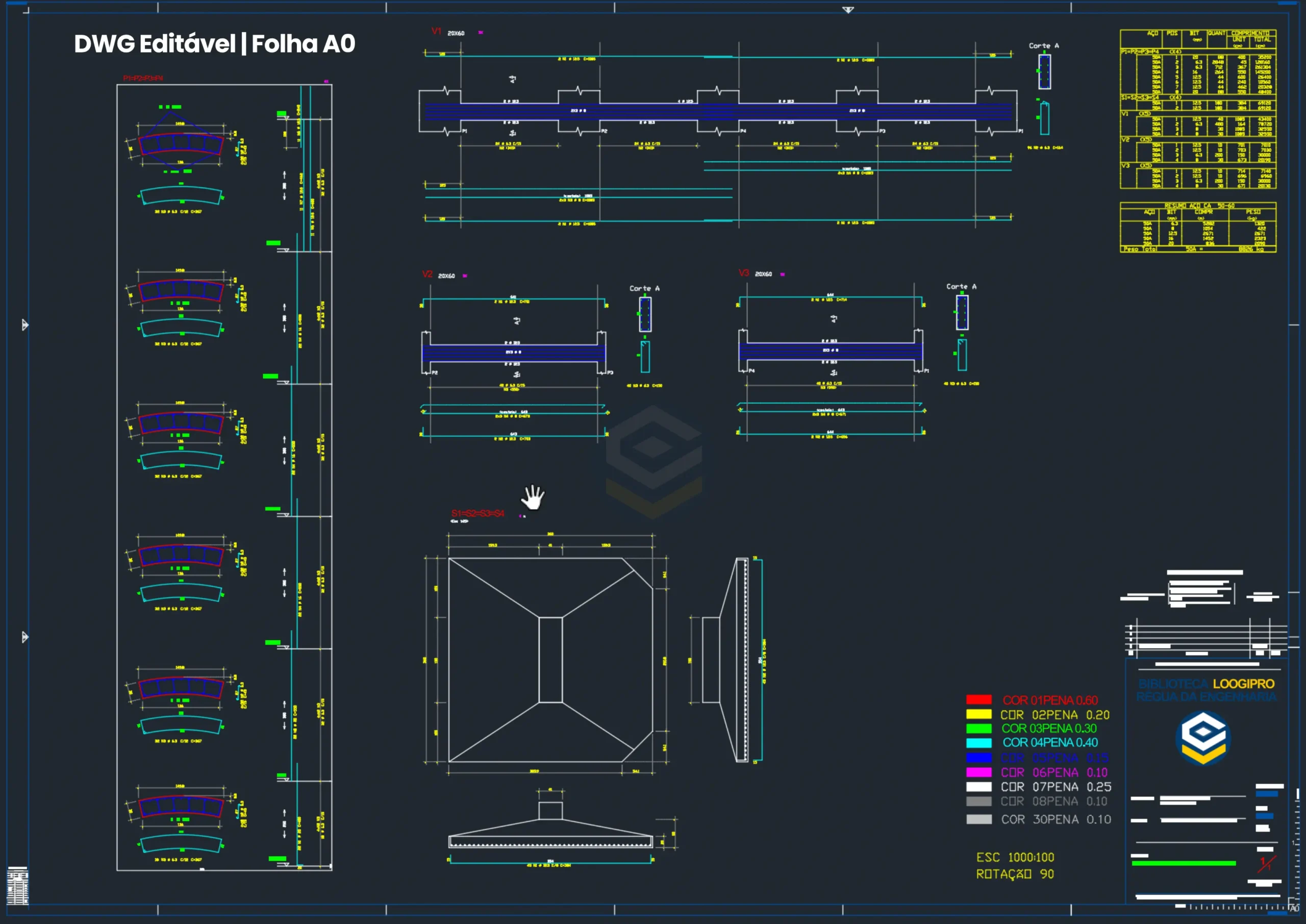 Structural engineering rebar detailing sheet for 100m³ reinforced concrete elevated water reservoir: complete reinforcement drawing for pyramidal isolated footings S1 to S4, curved structural columns P1 to P4, horizontal tie beams V1, V2, and V3 (20x60cm), lap splices, stirrups, and comprehensive steel cutting bending list CA-50/CA-60 in AutoCAD DWG format - Projeto Reservatório Elevado em Concreto Armado - Loogipro