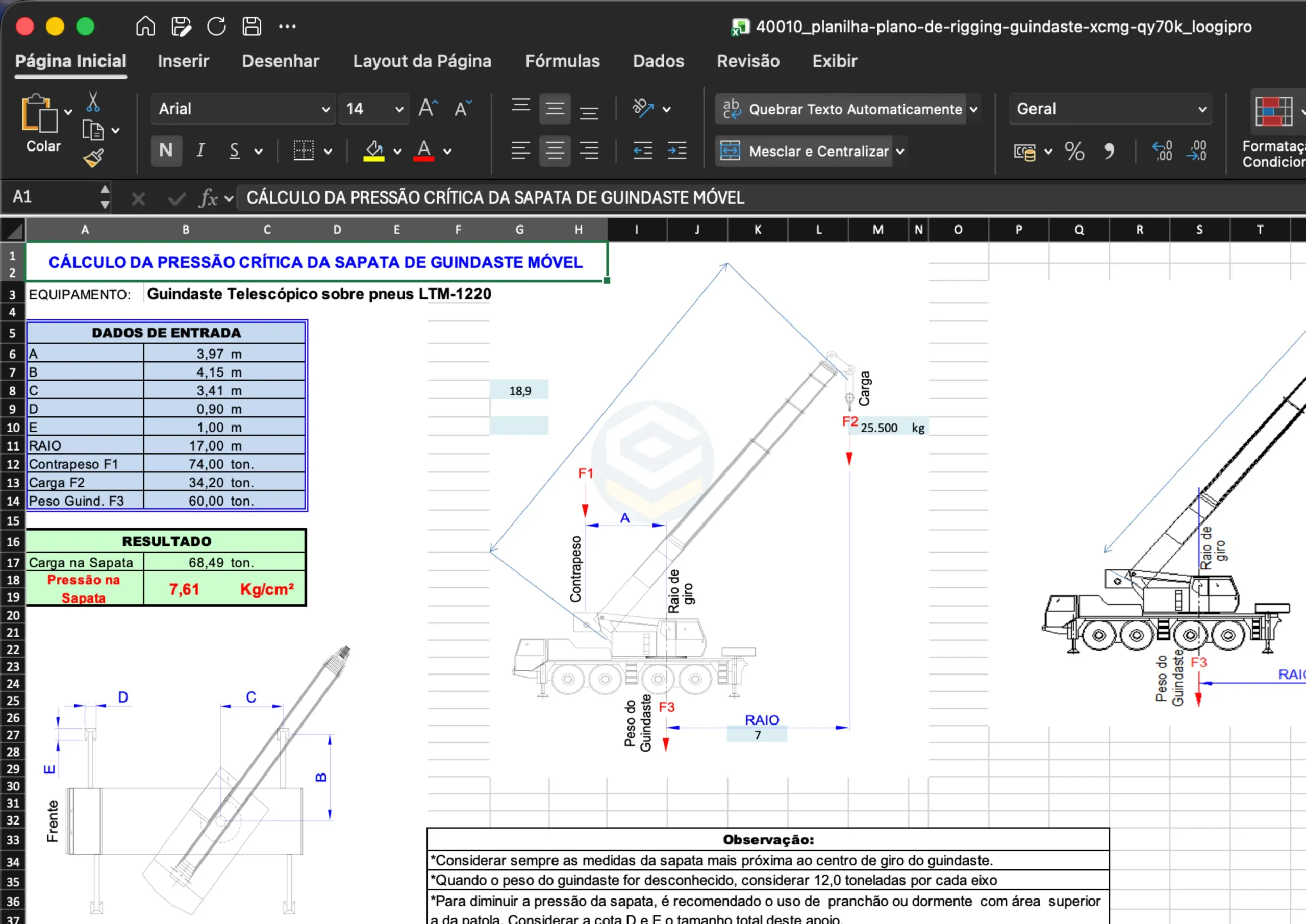 Cálculo da Pressão Crítica da Sapata Guindaste XCMG QY70K | Outrigger Ground Pressure Interface LOOGIPRO Interface da planilha cálculo da pressão crítica da sapata de guindaste móvel rodoviário XCMG QY70K | Outrigger ground bearing pressure spreadsheet interface XCMG QY70K | Módulo cálculo de presión en zapatas grúa telescópica LOOGIPRO