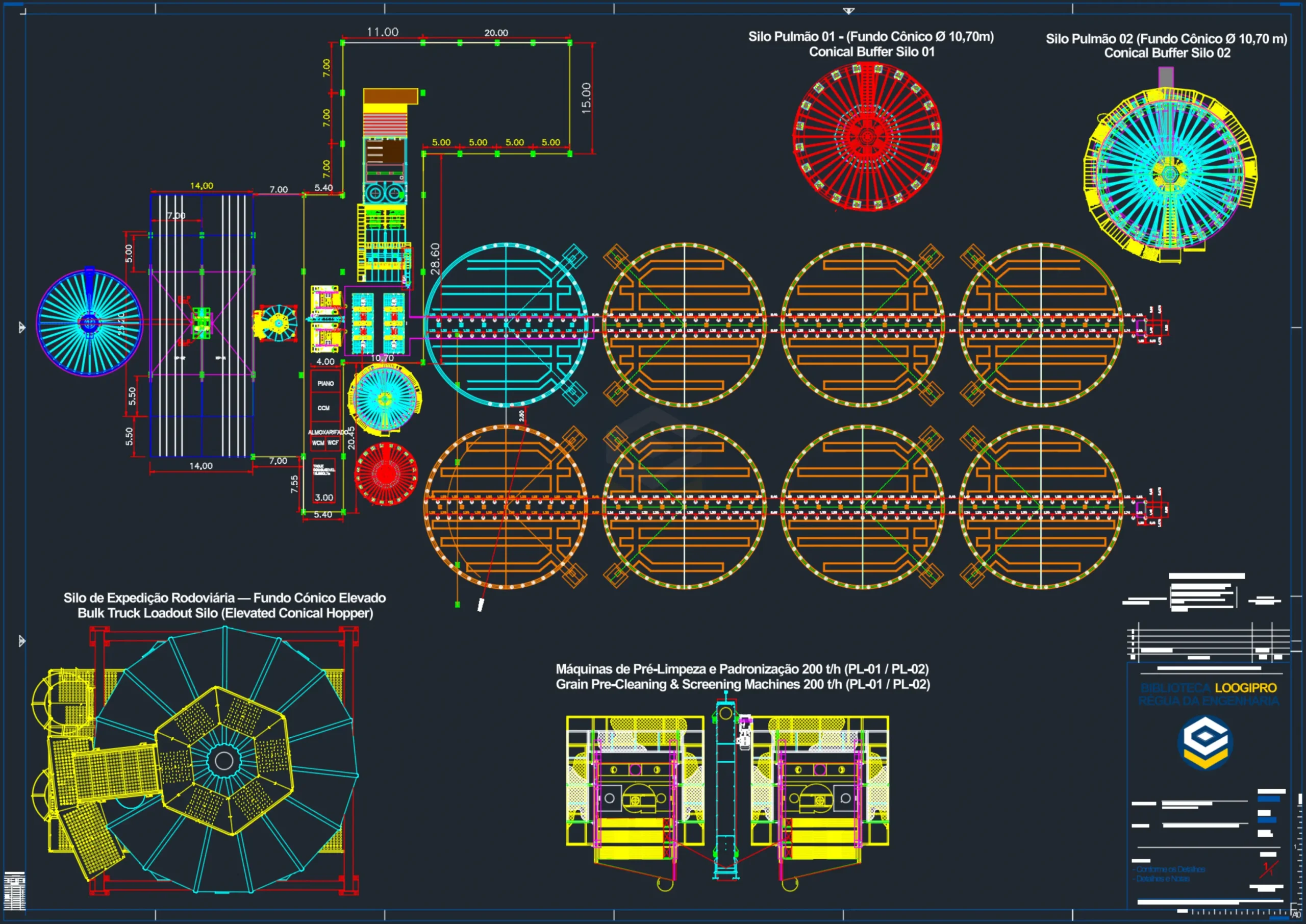 Detalhamento técnico de silo de expedição rodoviária elevado a granel, máquinas de pré-limpeza 200 t/h e estrutura de silos pulmão cônicos diâmetro 10,70m DWG | Detalle técnico de ingeniería de silo de despacho a granel sobre pórticos, prelimpieza de 200 t/h y silos pulmón cónicos de 10,70m DWG - Projeto Layout Silos de Grãos - Ampliação UBS - DWG