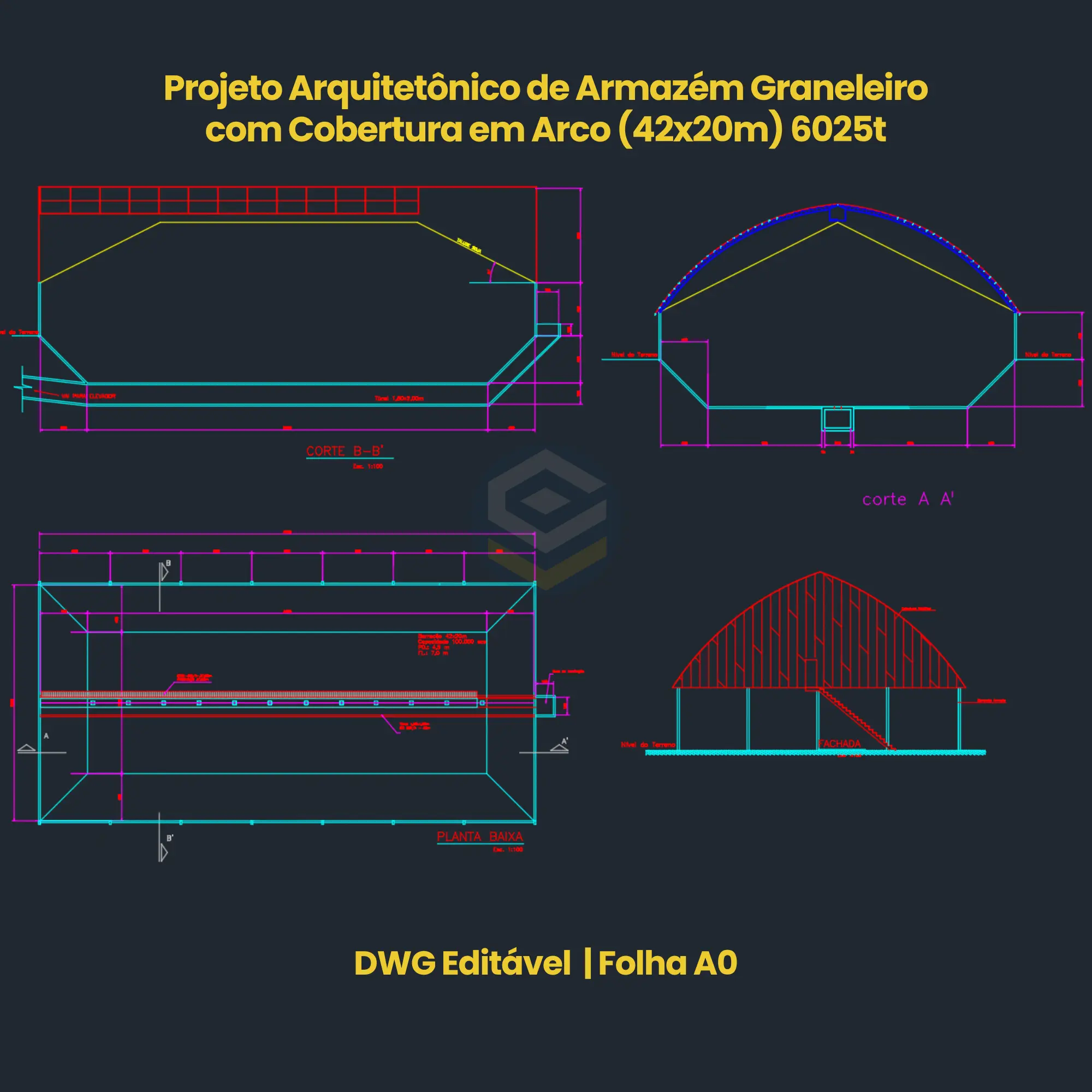 Projeto Arquitetônico de Armazém Graneleiro em Arco 42x20m - Projeto Arquitetônico de Armazém Graneleiro em Arco 42x20m 6025t DWG | Architectural Design for 42x20m Arched Grain Warehouse 6025t DWG