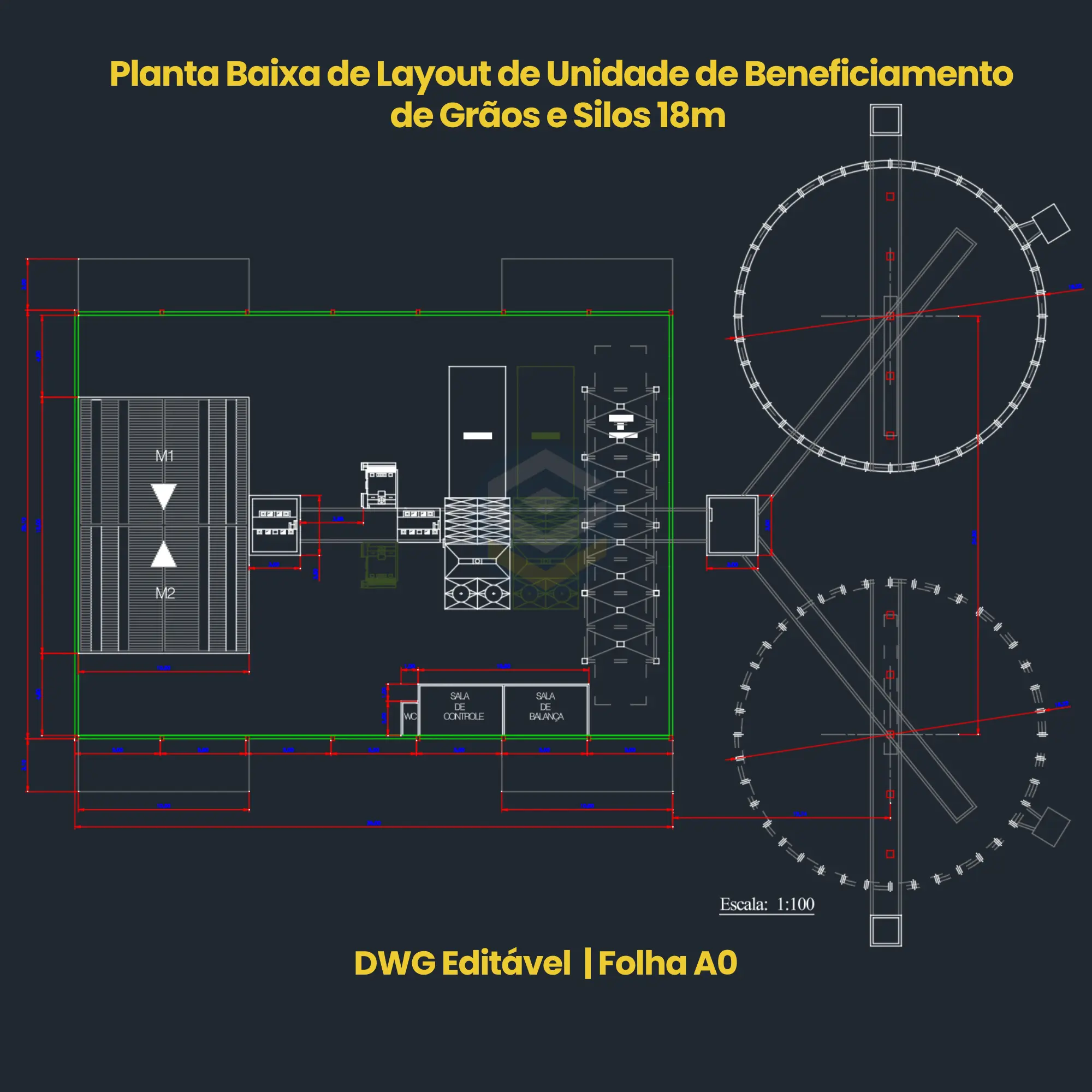 Planta Baixa de Layout Agroindustrial com Silos Metálicos 18m - Detalhe do Fluxo Operacional de Beneficiamento e Silos de Grãos DWG | Detalle del Flujo Operativo de Acondicionamiento y Silos de Granos DWG
