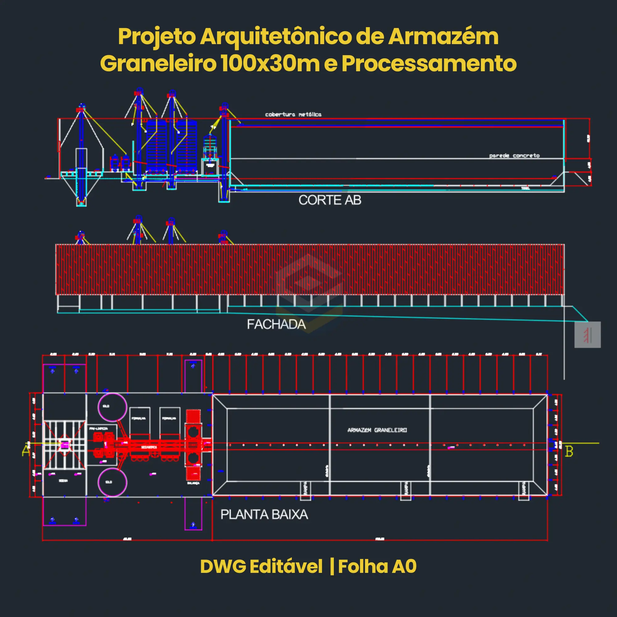 Projeto Arquitetônico de Armazém Graneleiro 100x30m com Casa de Máquinas — DWG (Architectural Design for 100x30m Grain Warehouse with Machinery Room DWG) - Detalhe de Layout de Armazém Graneleiro 100x30m com Casa de Máquinas DWG | Layout Detailing of 100x30m Grain Warehouse with Machinery Room DWG