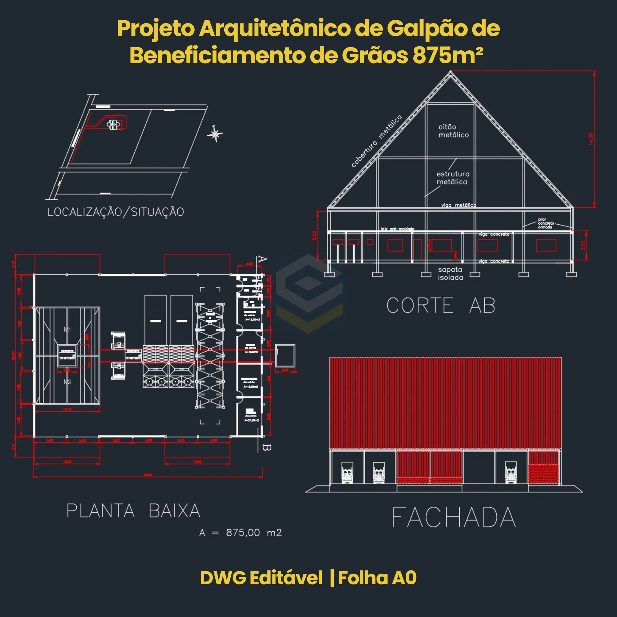 Detalhe de Layout de Galpão de Beneficiamento de Grãos 875m² DWG | Layout Detailing of 875 sqm Grain Processing Shed DWG