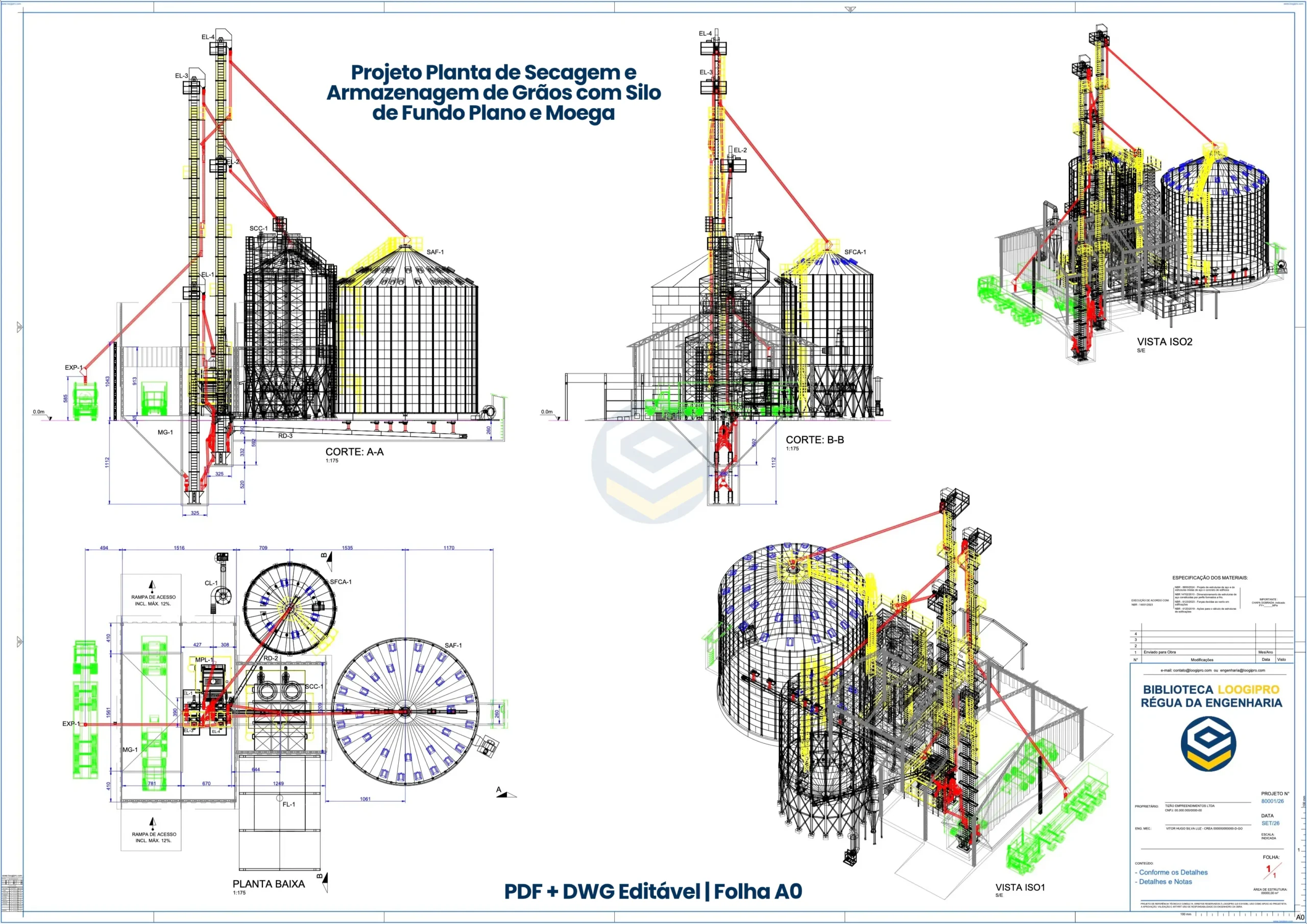 Projeto executivo de engenharia pós-colheita com implantação geral, cortes de elevadores, secador contínuo e silos metálicos em DWG - Grain elevator terminal engineering layout CAD - Cimentación y montaje de planta de secado de granos.