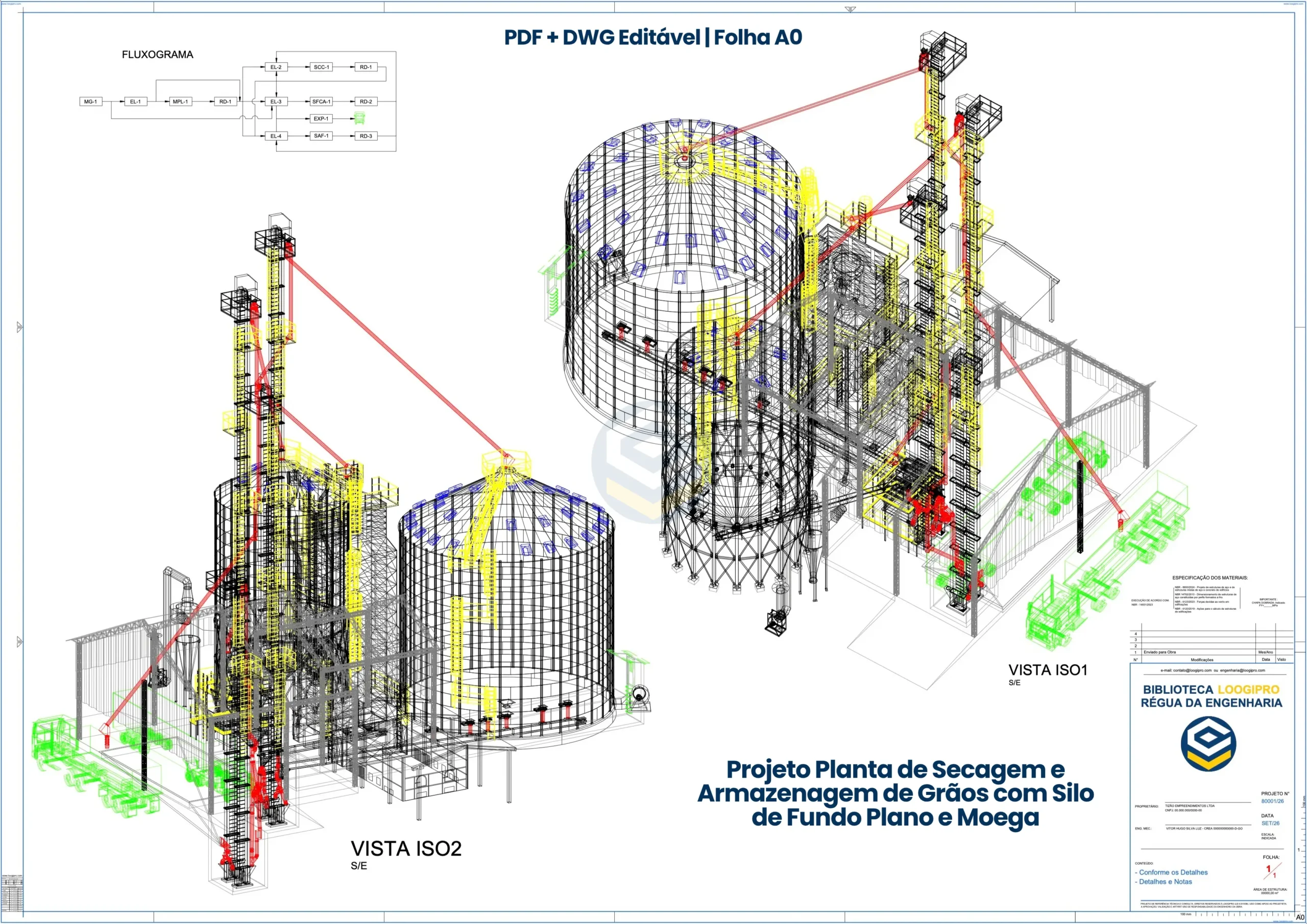 Fluxograma operacional de movimentação contínua de grãos e perspectivas isométricas tridimensionais da unidade de secagem e armazenagem em DWG - Grain handling process automation flowchart and 3D isometric CAD - Esquema de proceso y circuito de secado de cereales.