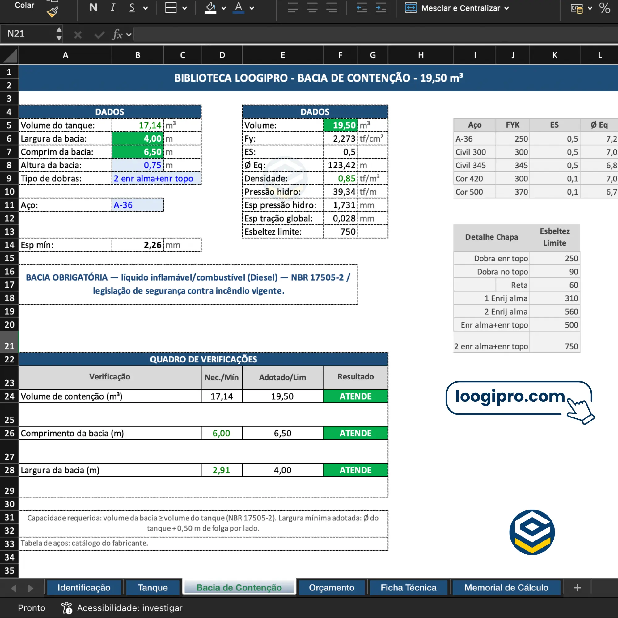 Interface de Dimensionamento de Bacia de Contenção Metálica 110% NBR 17505-2 (Secondary Spill Containment Dike Design for Fuel Storage Tanks) - Loogipro