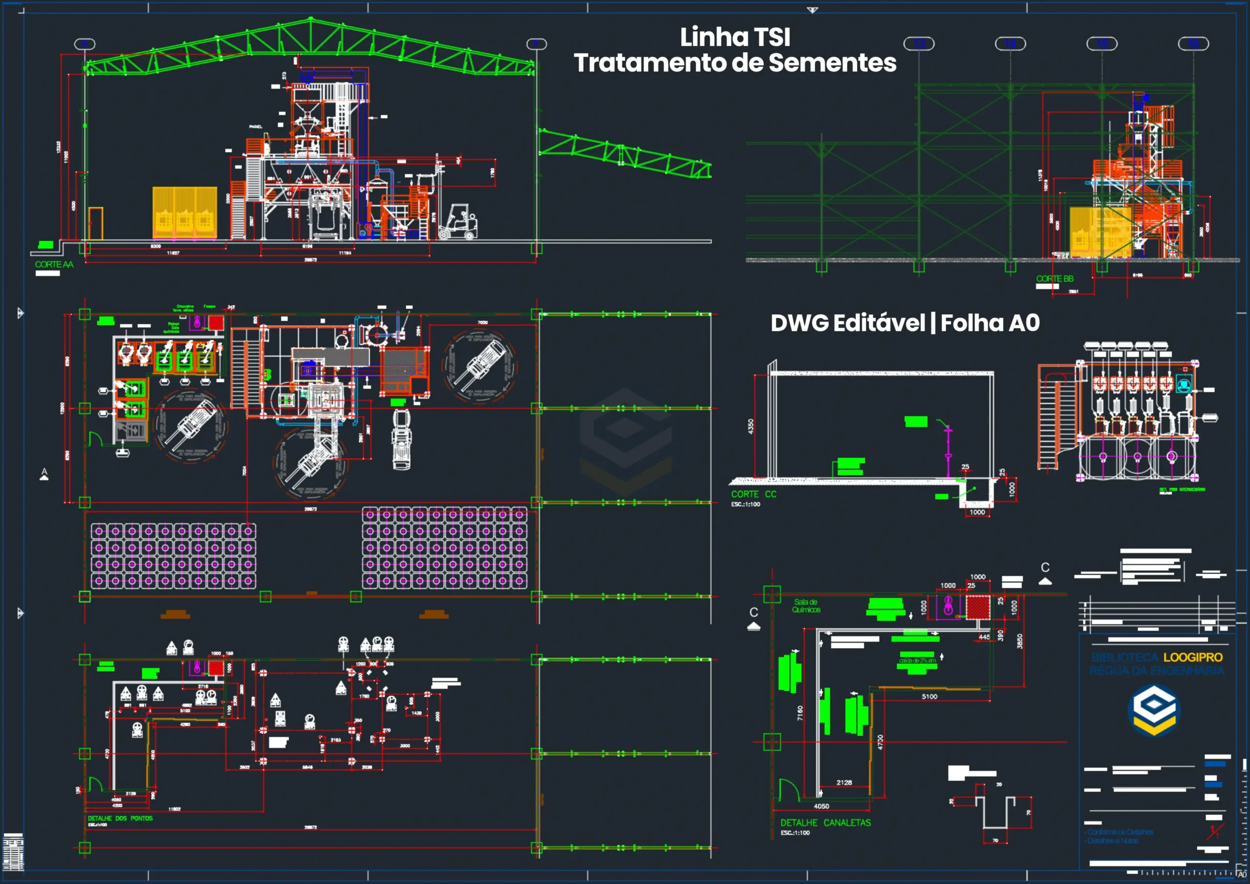 Layout de galpão industrial com infraestrutura eletromecânica, cortes da linha TSI, canaletas estanques da sala de químicos e pontos de utilidades em DWG - Agro-industrial seed plant utilities and civil cross sections.