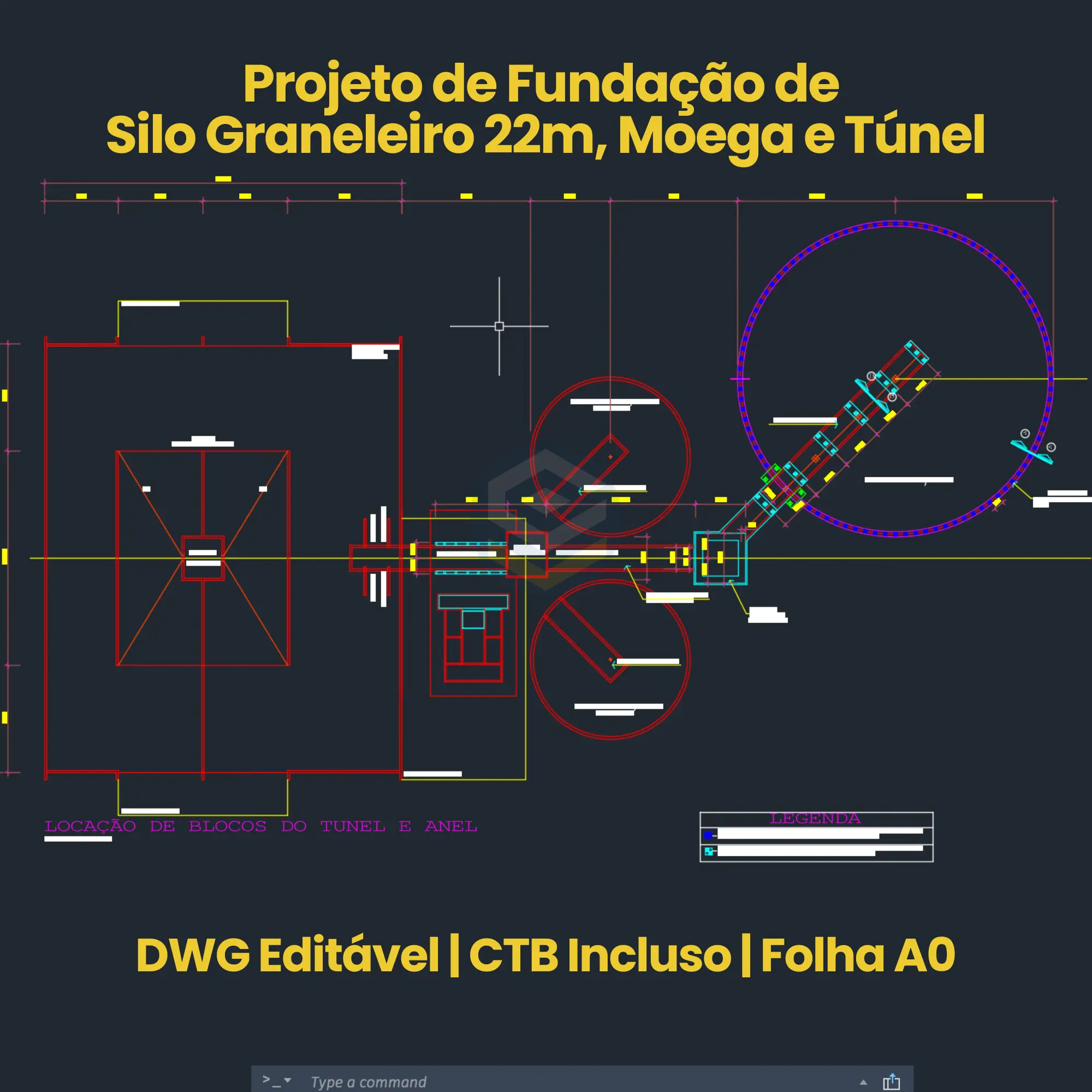 Projeto de Fundação de Silo Graneleiro 22m, Moega e Túnel - Locação perimetral de 92 estacas pré-moldadas 22x22cm e anel de fundação para silo graneleiro 22m com túnel 150x180cm e moega de descarga — 22m grain silo foundation layout with 92 precast piles, 150x180cm reclaim tunnel and intake hopper in DWG