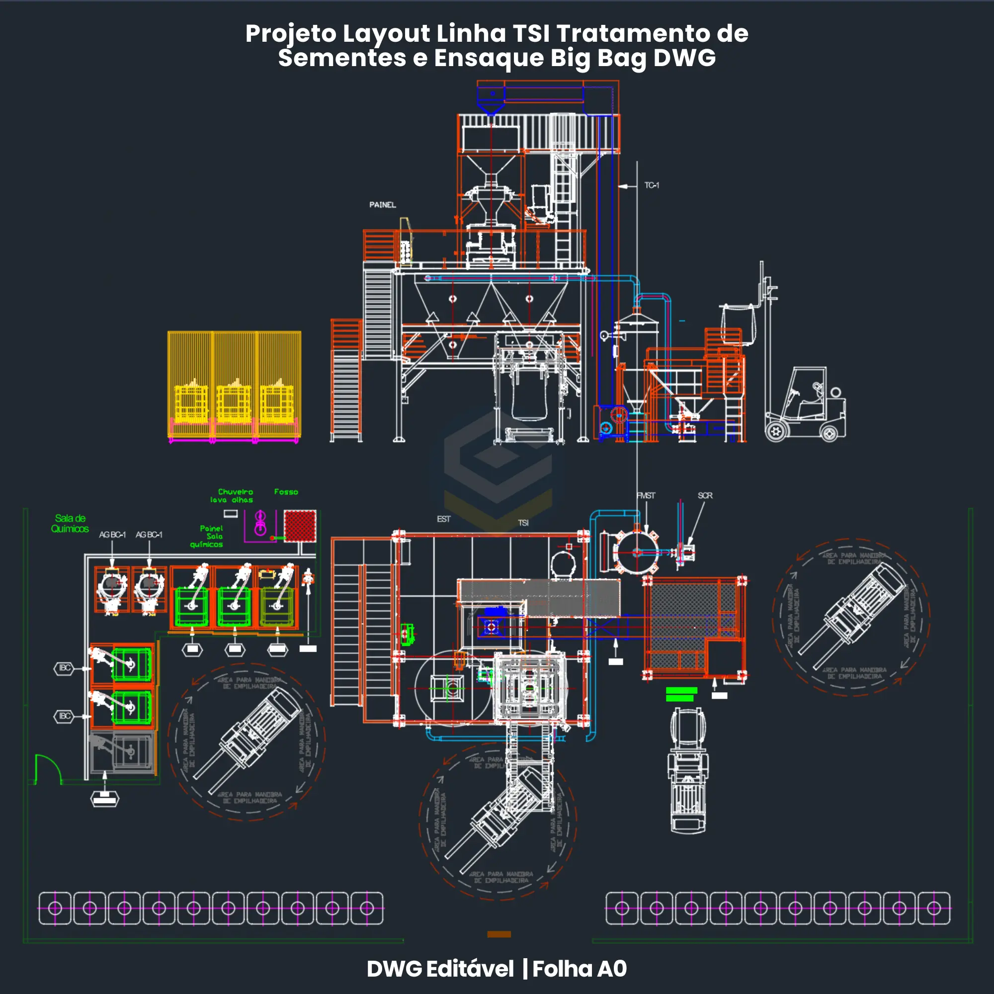 Linha TSI tratamento de sementes e ensaque big bag com tratadora em batelada de 150 kg e sala de químicos em DWG - Industrial seed treatment and big bag packaging plant layout CAD - Planta de tratamiento de semillas y ensacado de big bag.