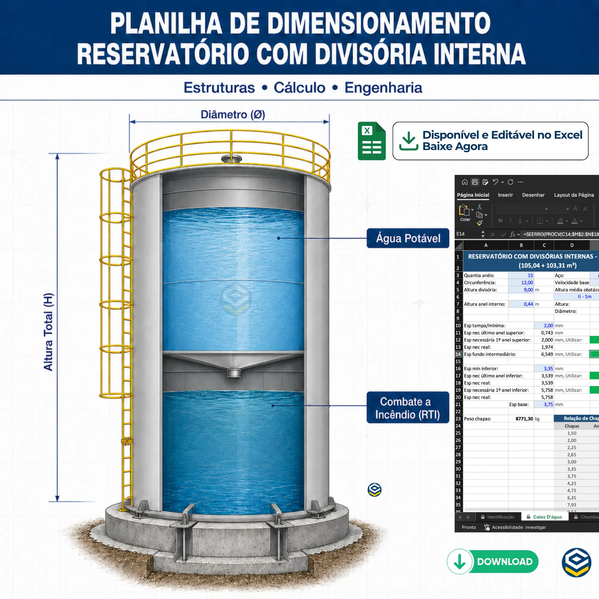 Planilha Reservatório Cilíndrico Compartimentado (Compartmented Cylindrical Tank Spreadsheet) — Água Potável e RTI (Potable & Fire Water)