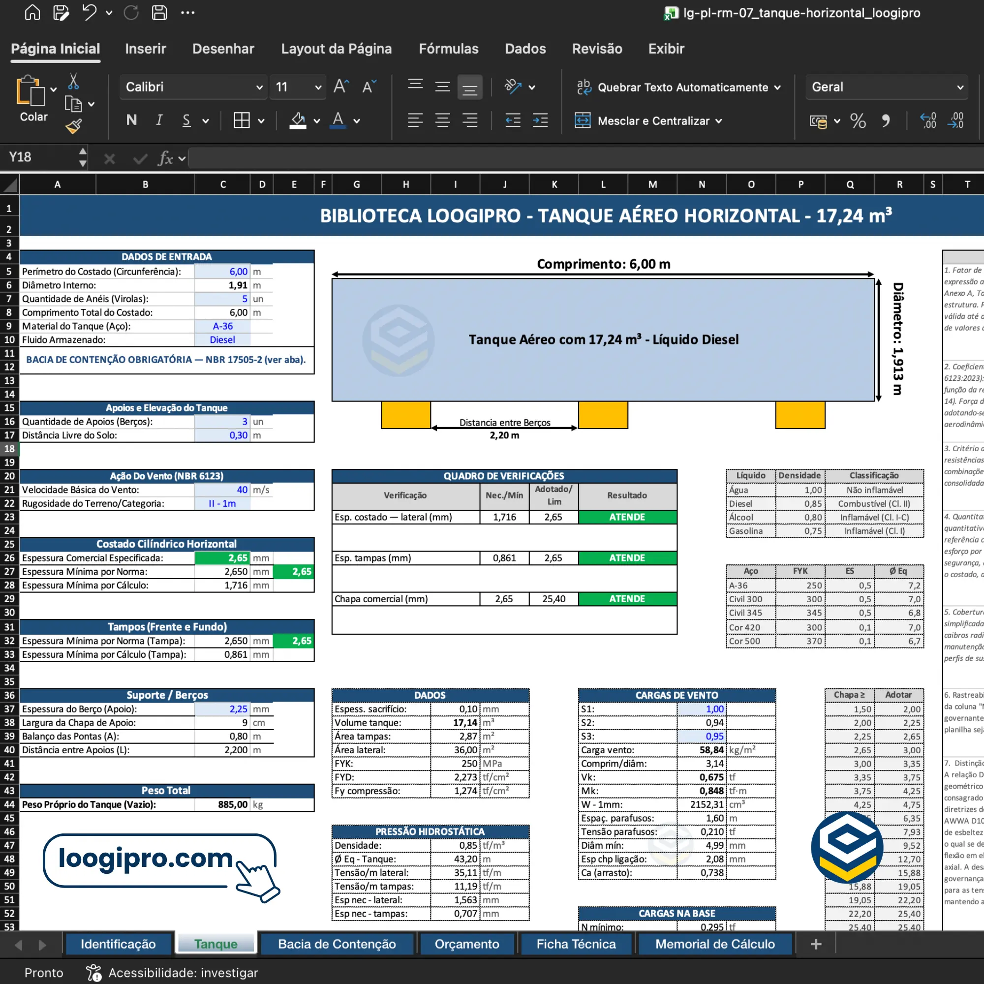 Interface de Cálculo de Tanque Aéreo Horizontal com Selas de Apoio e Vento NBR 6123 (Horizontal Aboveground Steel Tank Saddle Supports Design Spreadsheet) - Loogipro