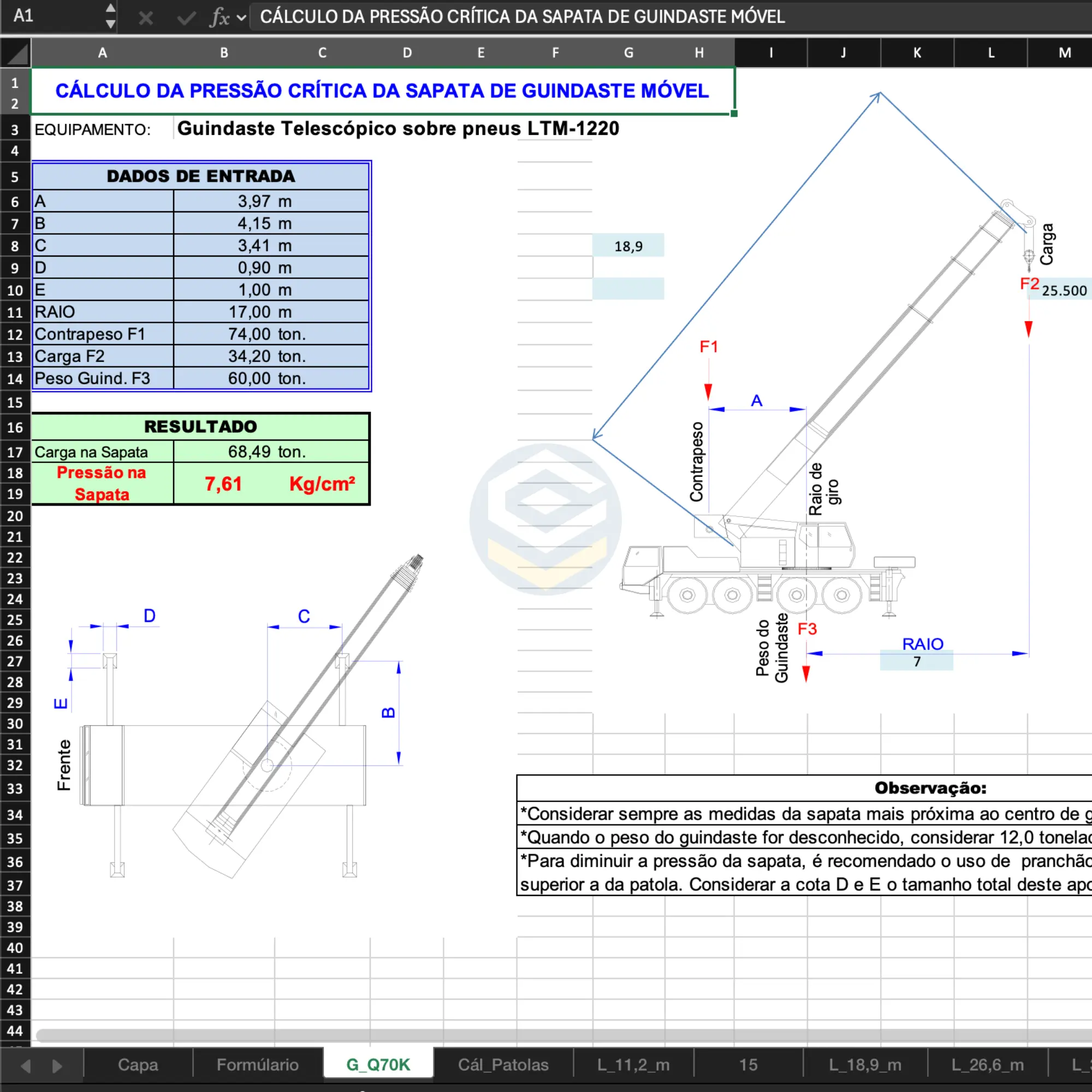Planilha Plano de Rigging Guindaste XCMG QY70K com cálculo de patolamento e pressão na sapata | Mobile Crane Rigging Plan Spreadsheet XCMG QY70K Outrigger Ground Bearing Pressure | Planilla Plan de Izaje Grúa Móvil XCMG QY70K Cálculo de Estabilizadores LOOGIPRO