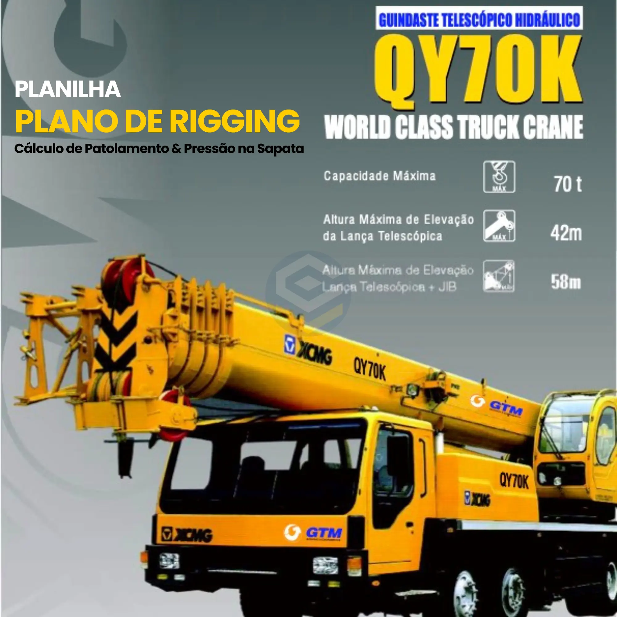 Planilha Plano de Rigging Guindaste XCMG QY70K cálculo de patolamento e pressão na sapata | Mobile Crane Rigging Plan Spreadsheet XCMG QY70K Outrigger Ground Bearing Pressure | Planilla Plan de Izaje Grúa Móvil XCMG QY70K Cálculo de Estabilizadores LOOGIPRO