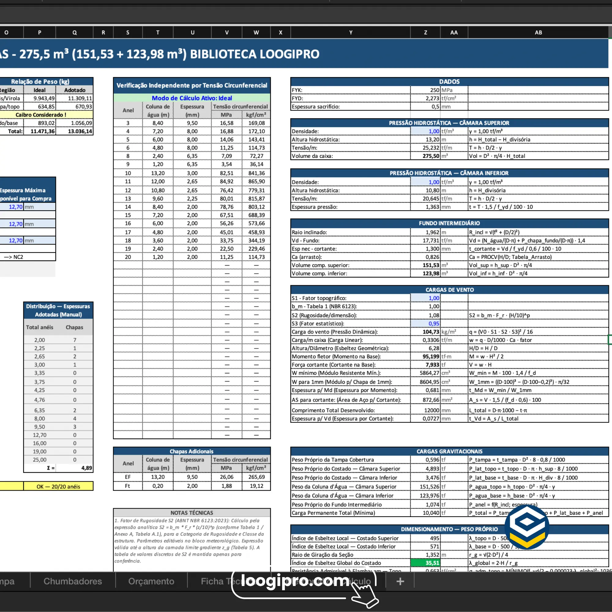 Memória de Cálculo Analítica (Structural Calculation Report & Formulas) Memória de cálculo e equações abertas da Planilha Reservatório Cilíndrico Compartimentado (Tank Analytical Calculation Memory)